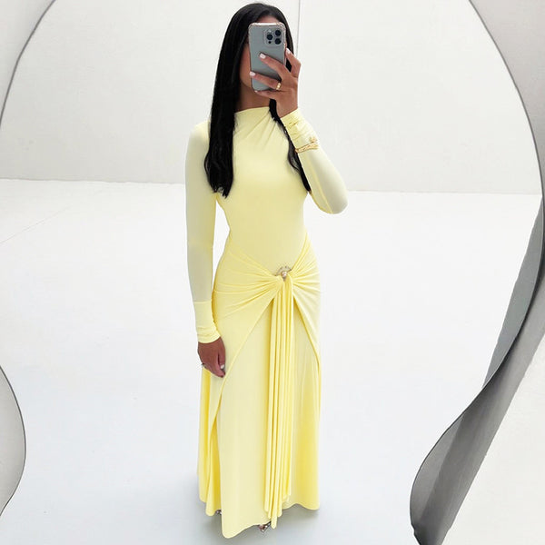 Cross-border European and American women's autumn and winter new temperament solid color elegant long sleeve metal ring buckle slim strap dress for women - view 2 | Ciaura