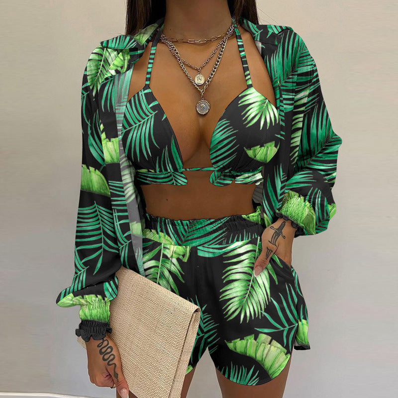 2026 Amazon AliExpress independent station new sexy European and beautiful solid color shorts fashion three-piece set
