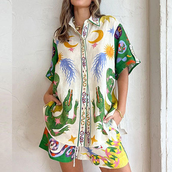 2025 Summer and Autumn New Amazon European and American Cross-border Fashion Printed Buttons Lace-up Loose Shorts Shorts Short Sleeve Suit Women