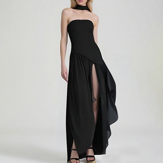 2025 European and American cross-border women's bandeau solid color slit dress fashion sexy backless high slit long skirt new style