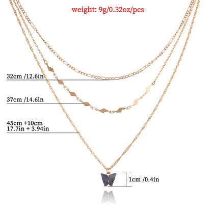 European and American cross-border jewelry acrylic black butterfly pendant necklace women's fashion geometric diamond piece double necklace