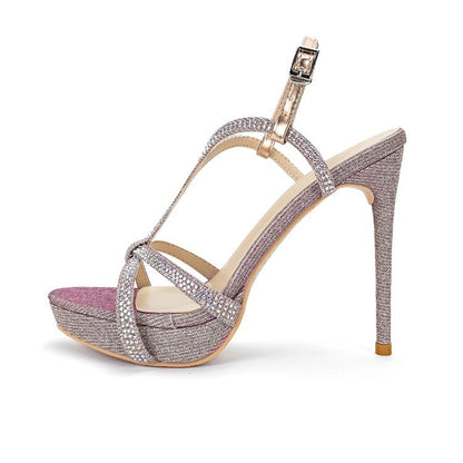 YX Waterproof Platform 2026 Summer New Open-toe Rhinestone Sexy One-Line High Heels Mermaid Thin Heel Sandals for Women