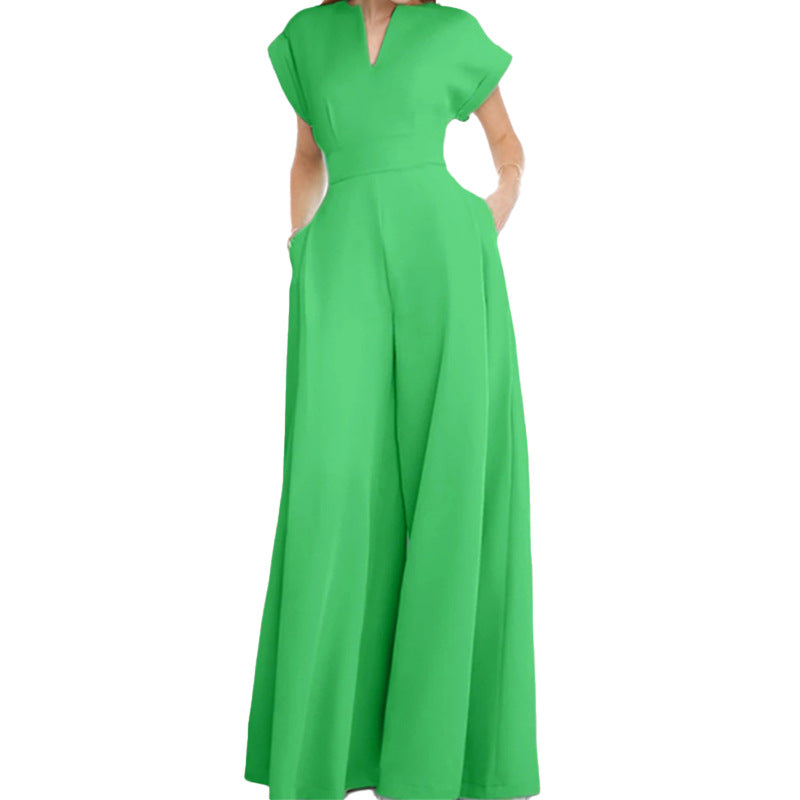 2025 cross-border Amazon spring new European and American clothing temperament casual solid color high-waisted slim wide-leg jumpsuit