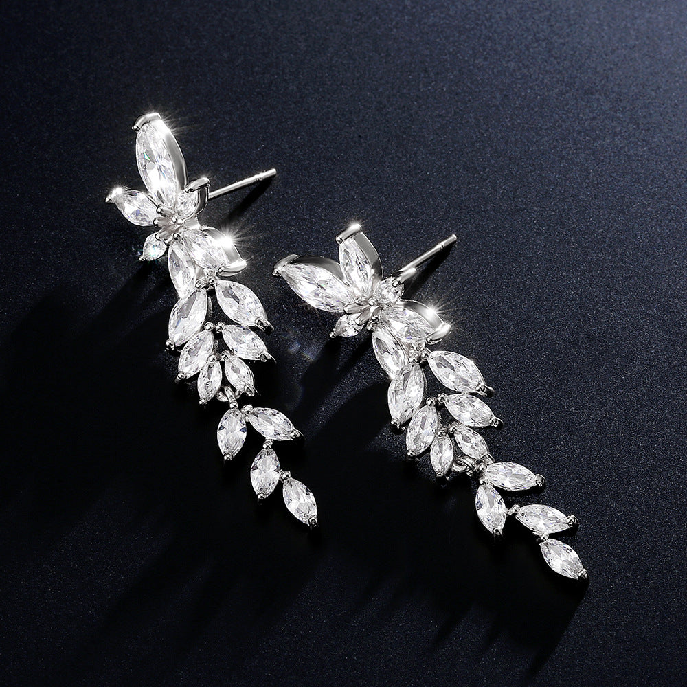 RAKOL European and American fashion trend full-set maressee zircon petal earrings with a super fairy-like elegance long tassel studs