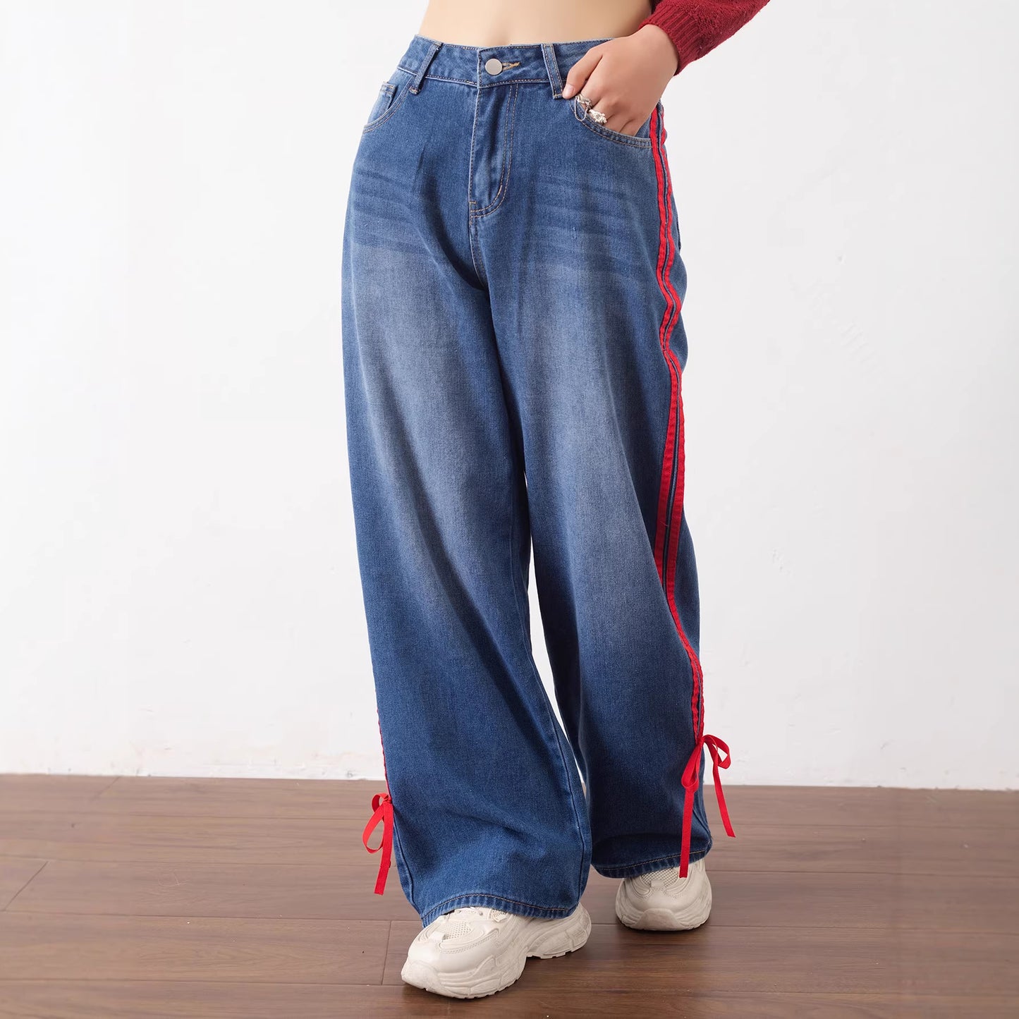 Women's denim trousers, American vintage red-edged webbing, versatile casual slimming straight-leg trousers, can be worn in all seasons