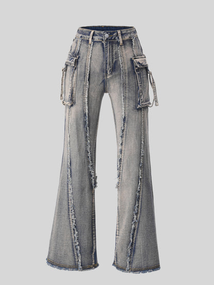 Street Trend Brand Wasteland Style Workwear Jeans, 3D Pocket Frayed Slightly Flared Wide-Leg Pants Women Jeans