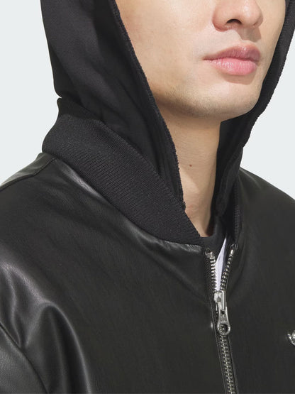 Adidas Official Genuine Clover Men's Faux Leather Sports Fashion Hooded Jacket JL7556