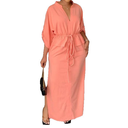 2026 New Amazon European and American Clothing Temperament V-neck solid color lace-up waist loose casual casual plus size dress