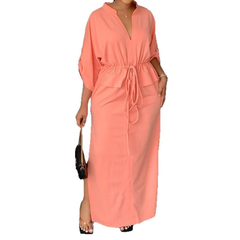 2026 New Amazon European and American Clothing Temperament V-neck solid color lace-up waist loose casual casual plus size dress