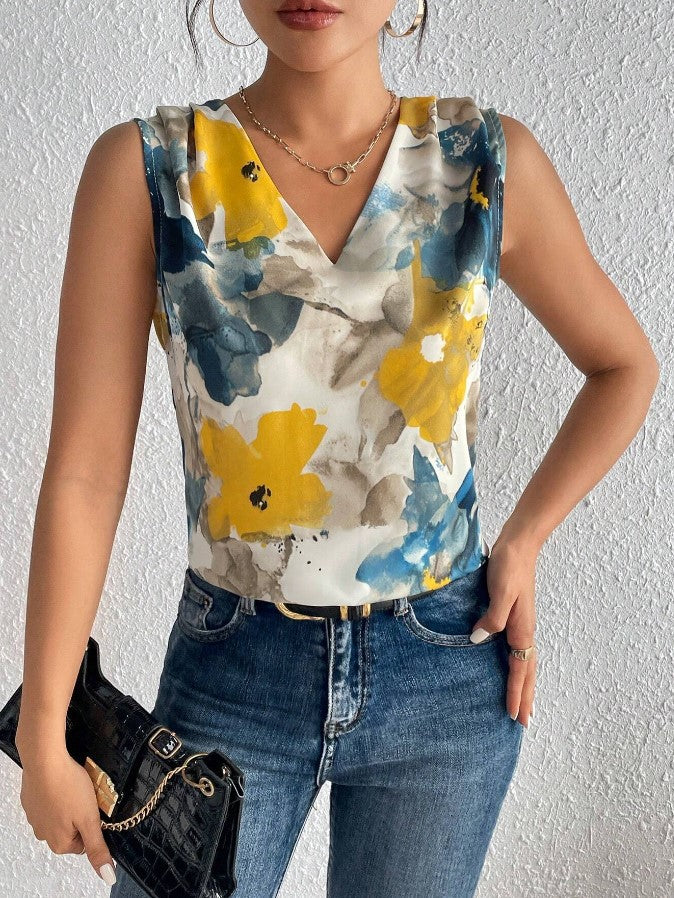 Disponível para envio internacional europeu e americano. Blusa de alças com estampado floral e decote em V, coleção primavera/verão 2024 da Amazon.