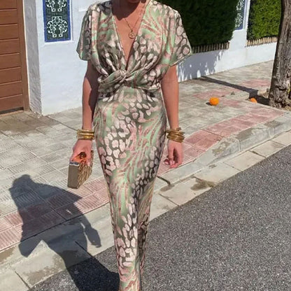 2026 Independent Station European and American Foreign Trade Women's Fashion Tight Print Twisted Mid-Waist Sexy V-Neck Spring Dress