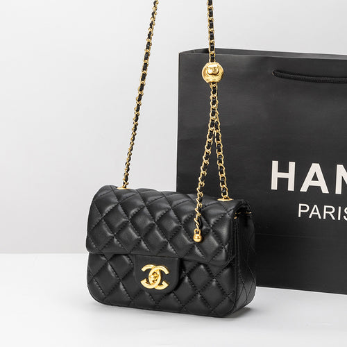 Famosa Bolsa Feminina 2025 Retro High-End Rhombus com Corrente, Ombro Crossbody Pequena Dourada com Esfera de Ouro