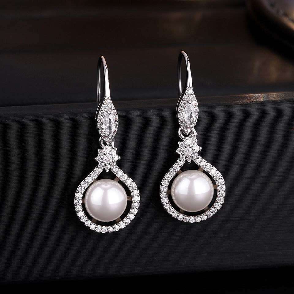 RAKOL Japanese and Korean New Women's Earrings, Copper Inlay AAA Zircon Pearl Wedding Dress Earrings Accessories for Women