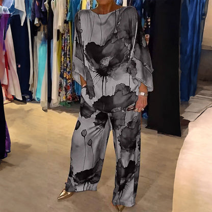 Independent station spring new European and American clothing temperament elegant printed bat sleeve wide-leg trousers fashion suit 661