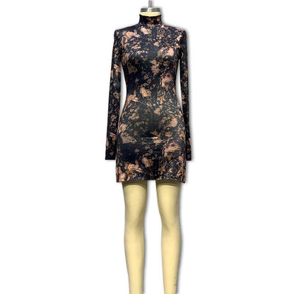 Foreign Trade Europe and America 2023 New Autumn Long Sleeve Dress Women's Semi-High Neck Print Sexy Slim Slit Hip Skirt