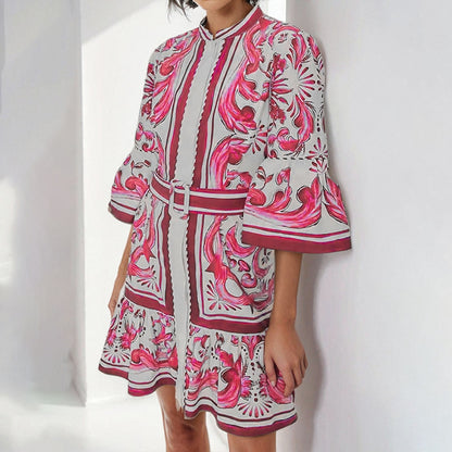 2026 spring/summer new European and American women's clothes crew neck flared sleeves single-breasted printed casual skirt European and American dresses for women