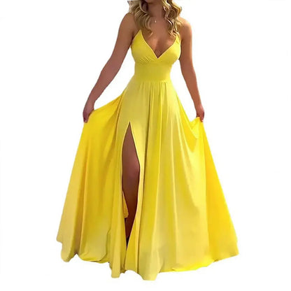 2026 Spring New European and American Cross-border Women's Fashion Solid Color Suspender Sexy Slim Slit Fungus Dress