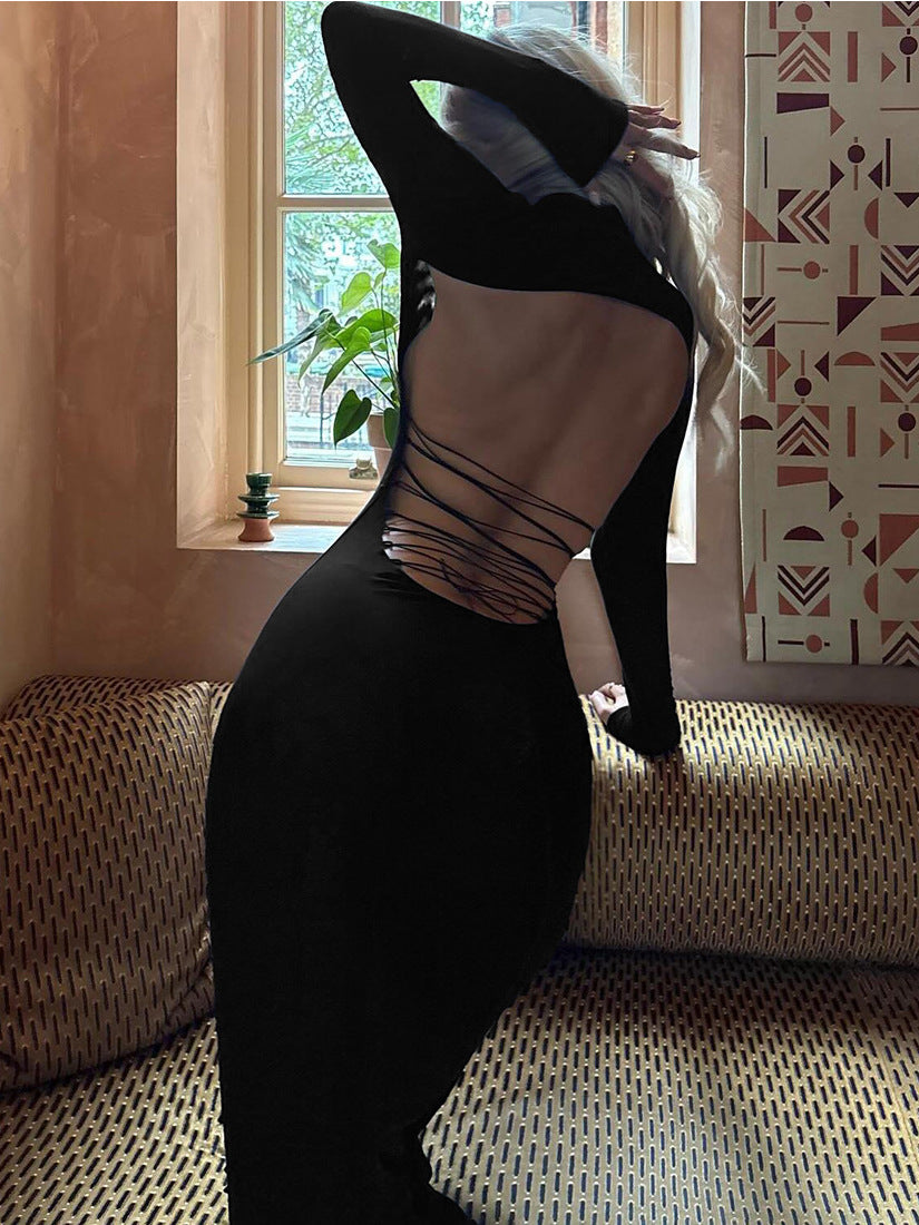 Foreign trade Europe and the United States autumn and winter new women's fashion solid color high neck long sleeve sexy open back lace-up hip wrap dress for women