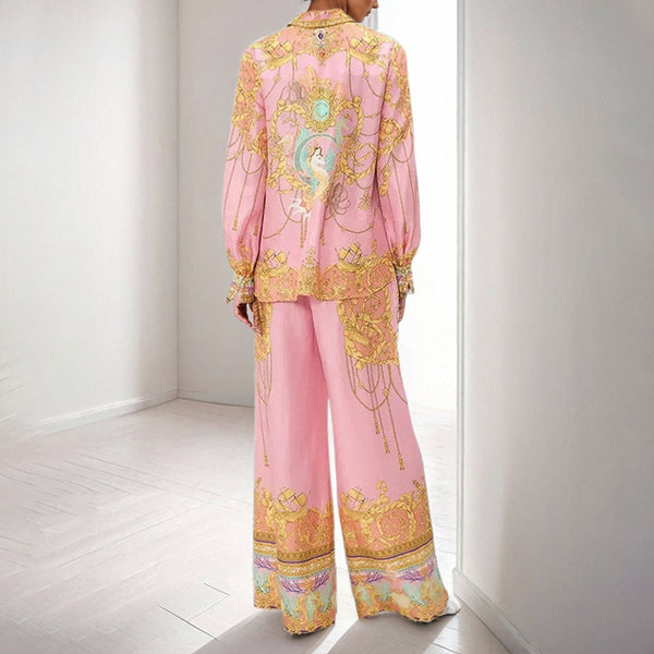 Cross-border spring 2026 Amazon European and American clothing long sleeve pink printed shirt trousers casual fashion suit women