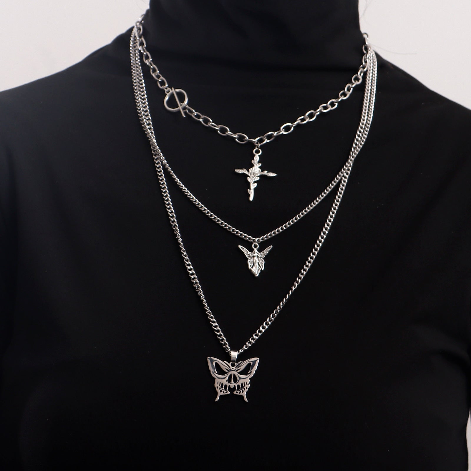 European and American cross-border jewelry, trendy multi-layer hollow butterfly, rose, cross, sweater, necklace, women's Korean version of the necklace
