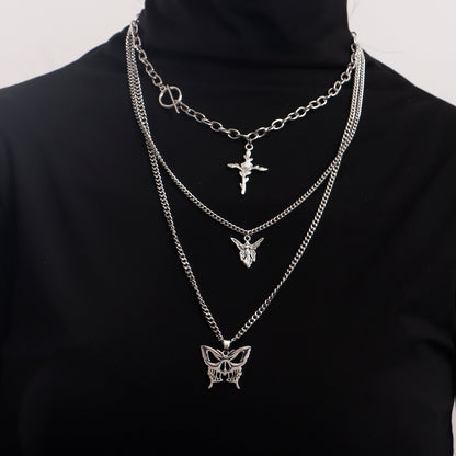 European and American cross-border jewelry, trendy multi-layer hollow butterfly, rose, cross, sweater, necklace, women's Korean version of the necklace
