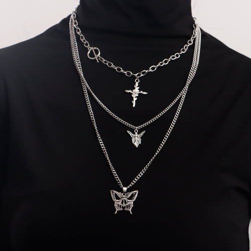 European and American cross-border jewelry, trendy multi-layer hollow butterfly, rose, cross, sweater, necklace, women's Korean version of the necklace