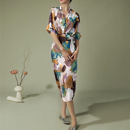 Spring 2026 European and American women's dresses new temperament fashion printed V-neck lace-up waist slim dress