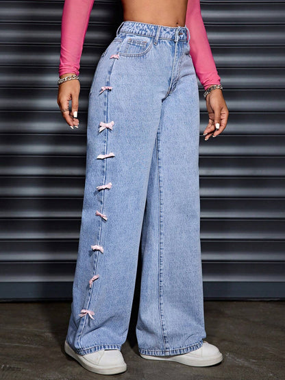 Cross-border foreign trade new design butterfly ins style jeans wide-leg wash high-waisted straight-leg trousers women's JEANS