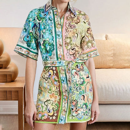 2026 spring new cross-border Amazon European and American fashion printed temperament lapel strap short-sleeved dress