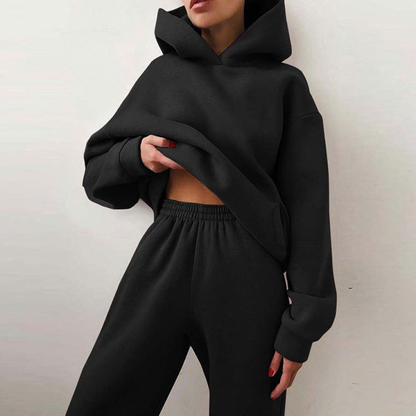 2026 New Cross-border European and American Fashion Casual Sports Style Solid Color Thickened Hooded Sweatshirt Fashion Suit Women - view 2 | Ciaura