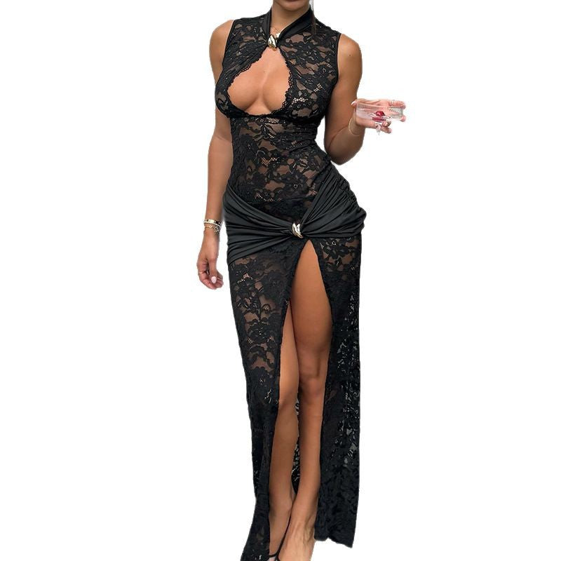 Cross-border hot selling women's clothing 2025 summer new sexy lace cut-out high slit sleeveless slim hip wrap dress