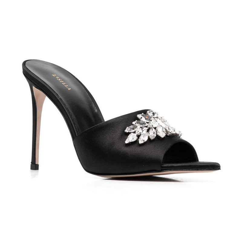 Summer European and American rhinestone high heel sandals pointed toe thin heels black high heels one foot cross-border foreign trade super high heels