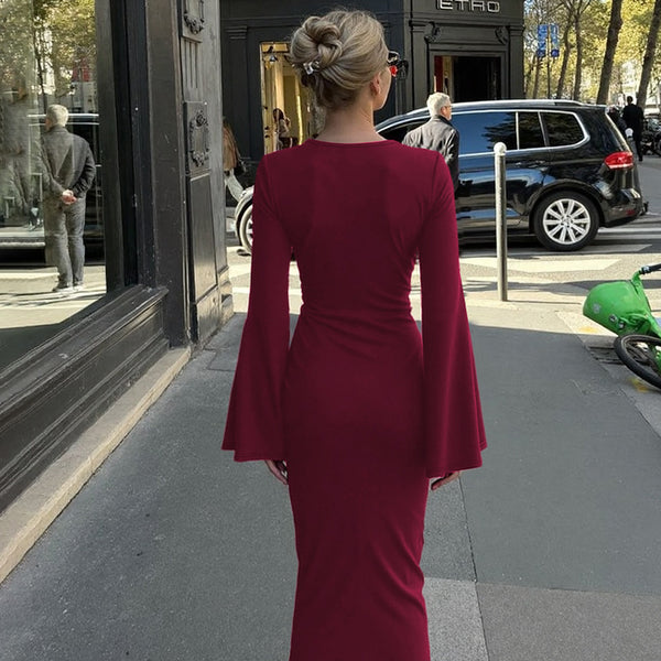 European and American women's autumn new solid color long sleeve slim temperament dress pleated waist strap hip skirt for women