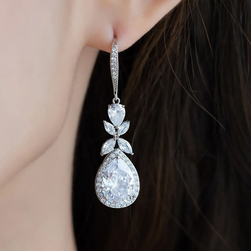 RAKOL European and American Popular Petal Waterdrop AAA Zirconia Earrings for Women, Elegant Versatile Bridal Earrings, In-Stock Wholesale