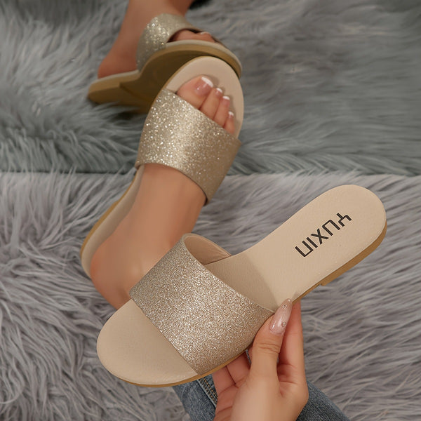 Cross-border women's shoes: Glitter fashion slippers, classic elegance, versatile solid color metallic decoration, round toe flat comfortable slippers
