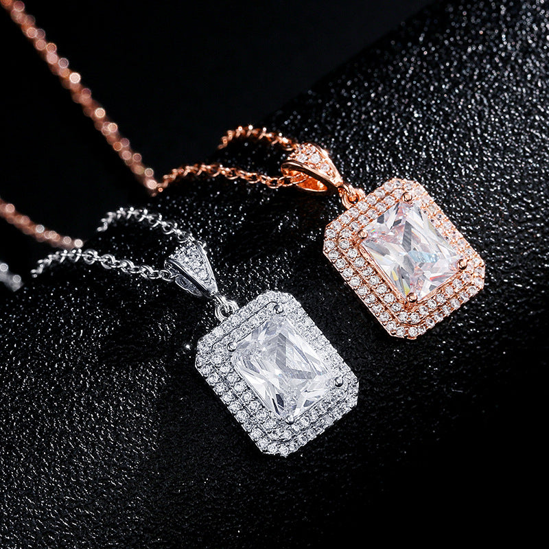 Cross-border new product sugar cube zircon necklace, niche light luxury double-layer enclosed two-tone pendant, one-piece dropshipping accessory