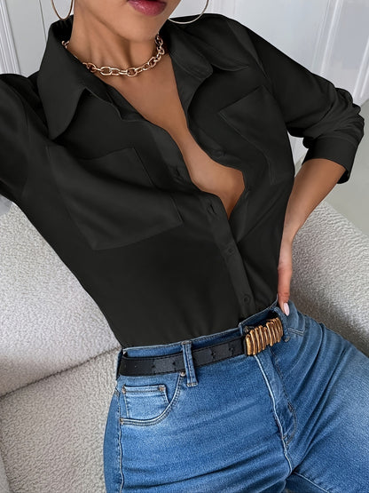 2026 New European and American Elegant Plus Size Women's Cross-border Four-Season Pocket Loose Long Sleeve Lapel Shirt Top