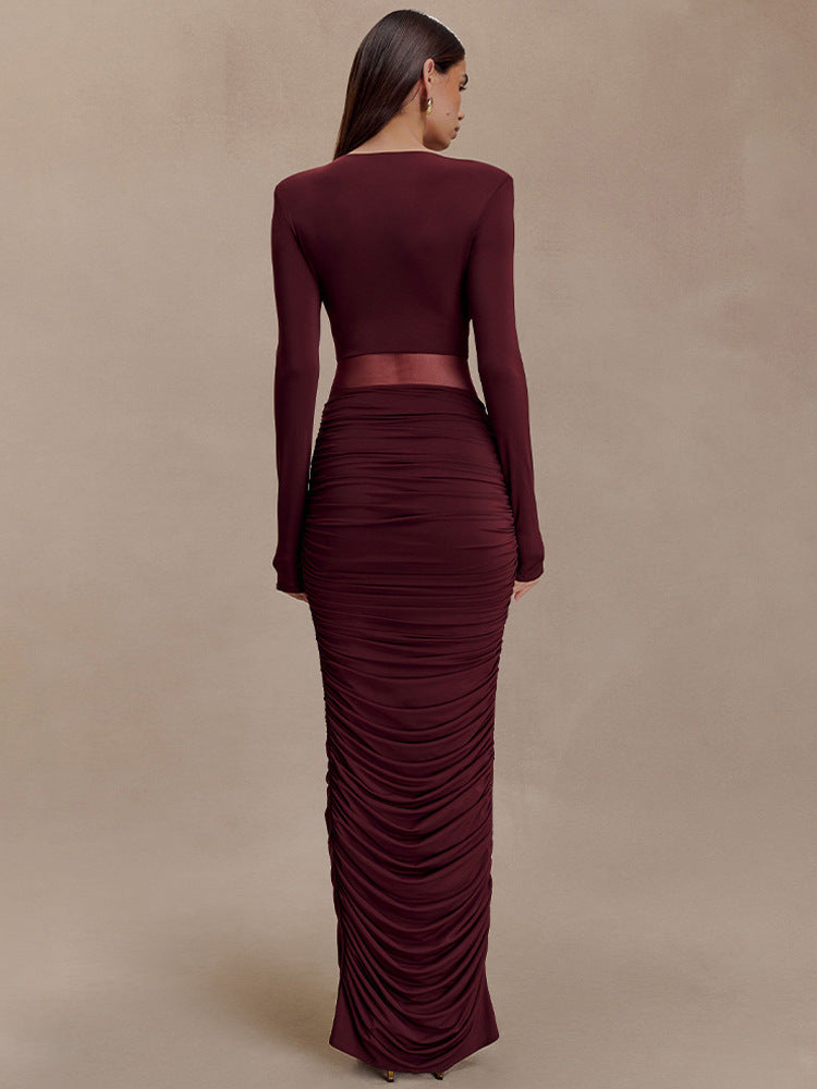 Foreign trade autumn and winter new European and beautiful fashion solid color deep V sexy waist folds waist and hip wrap dress women