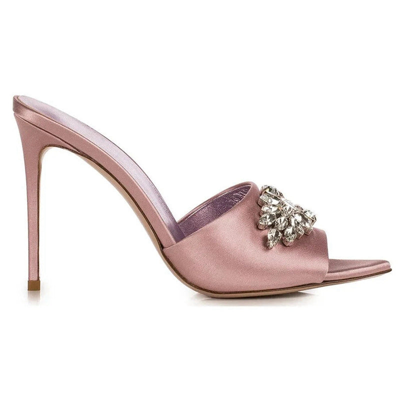 Summer European and American rhinestone high heel sandals pointed toe thin heels black high heels one foot cross-border foreign trade super high heels
