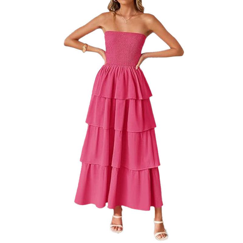 2026 spring new cross-border European and beautiful fashion commuter temperament elegant bandeau fashion solid color dress