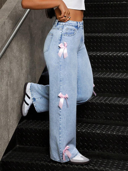 y2k street hottie bow collage washed jeans loose straight wide-leg trousers ins high waist slimming
