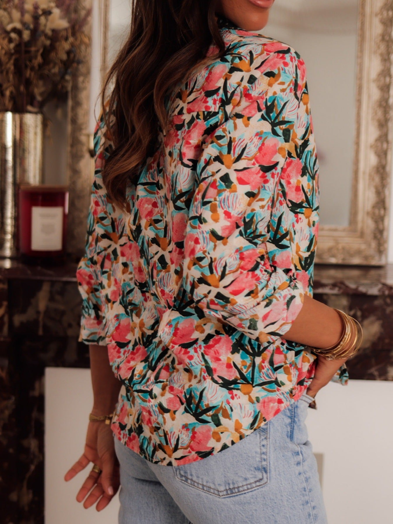 Cross-border foreign trade spring artistic print long-sleeve shirt, women's lapel loose single-breasted shirt, shirt with sleeves