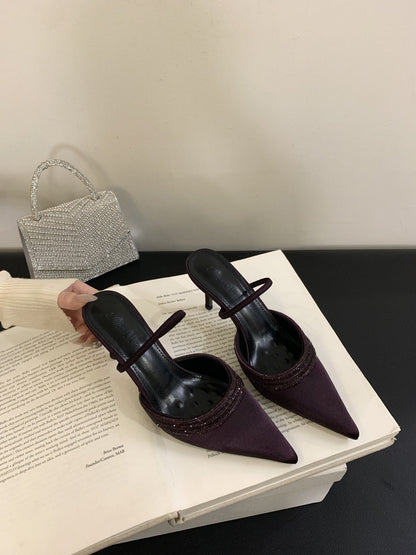 Spring 2026 rhinestone-embellished silk satin pointed heels heeled heels women's shoes wrapped toe shallow half slippers European and American style