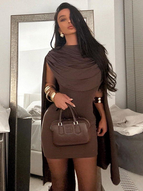 Foreign trade autumn and winter new European and beautiful clothing solid color round neck sleeveless shawl streamer pleated waist and hip wrap dress