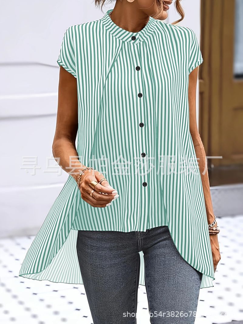 2026 Cross-border Amazon European and American women's striped small stand collar collar leave two-piece short-sleeve plus-size shirt shirt lazy shirt