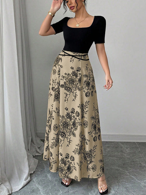 2025 Summer Women’s Slimming Contrast Short Sleeve Maxi Dress – European & American Cross-Border Beach Resort Slip Skirt Style