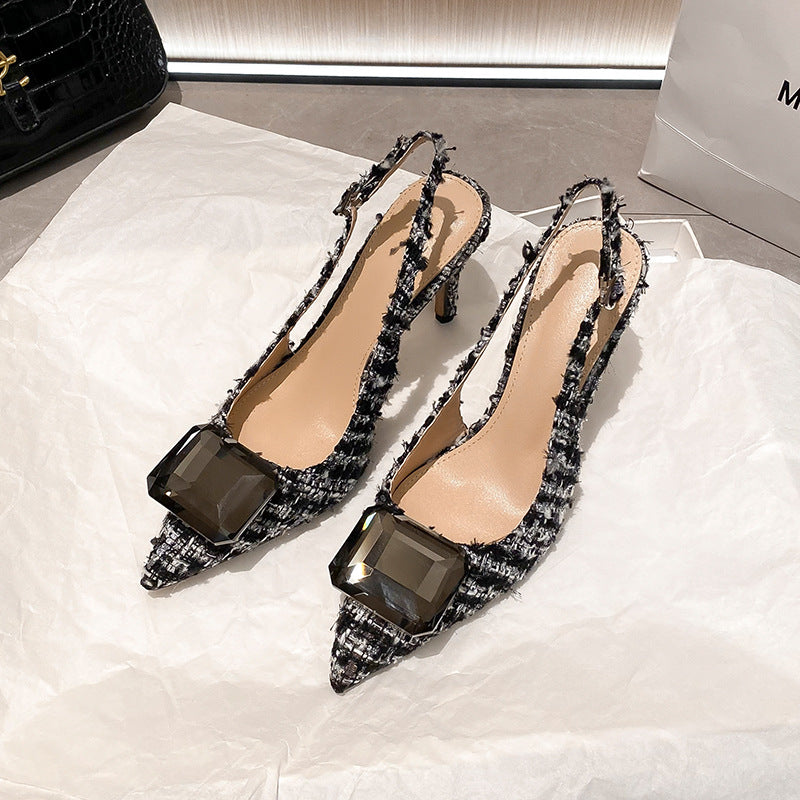 Spring 2026 new temperament toe-wrapped back hollow sandals pointed toe rhinestone thin heel fashion women's shoes woolen lining spring spring