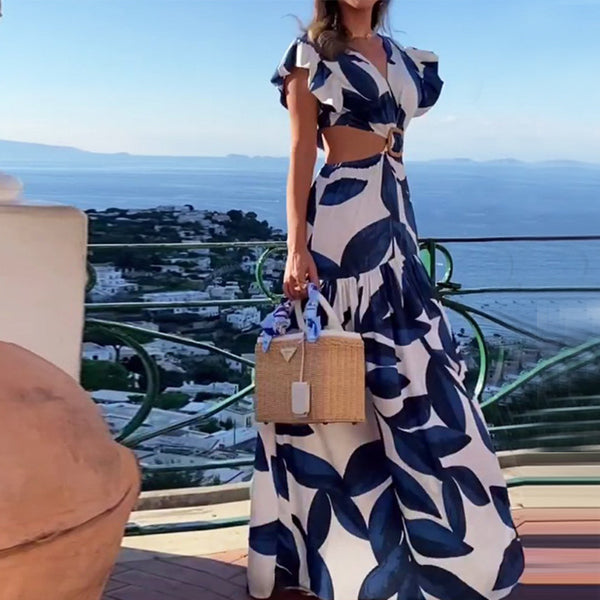 2026 Amazon Foreign Trade European Women's New Spring Print V-Neck Sexy Open Waist Strap Pleated Dress