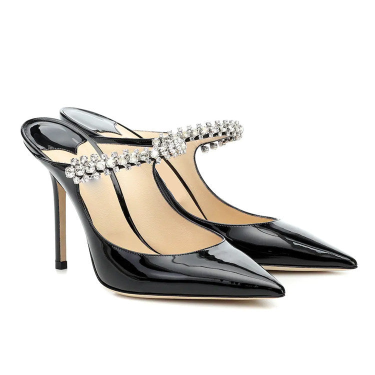 New cross-border European and American one-line strap ultra-high heel sandals, black pointed toe rhinestone heels, pump heels