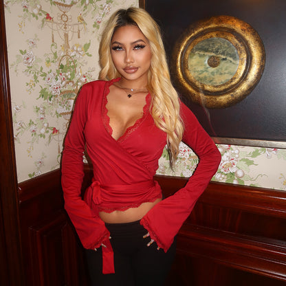 Cross-border Y2K pre-autumn new women's European and American style sexy lace lace strappy top slim long-sleeved base shirt